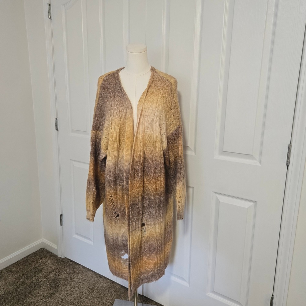 POL Cardigan Womens Large Brown Ombre Cable Knit Distressed Longline TSS214